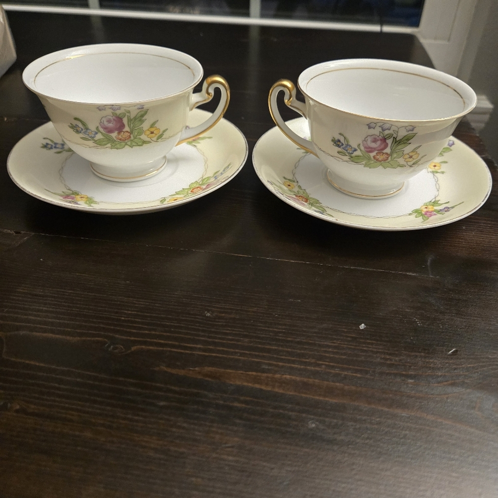 Meito Japan Tea Cup Saucer Set Of 2 Floral Hand Painted Gold Trim Vintage